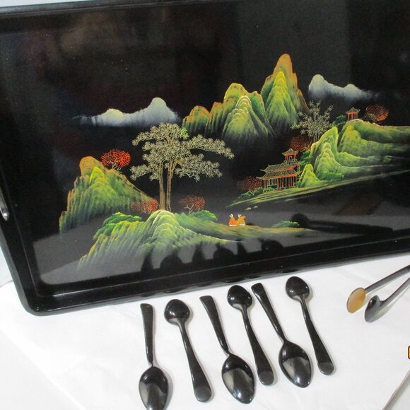 23 Piece Vintage Asian Chinese Black Lacquerware Tea Set Tray Cups Pot Oriental - Picture 15 of 16